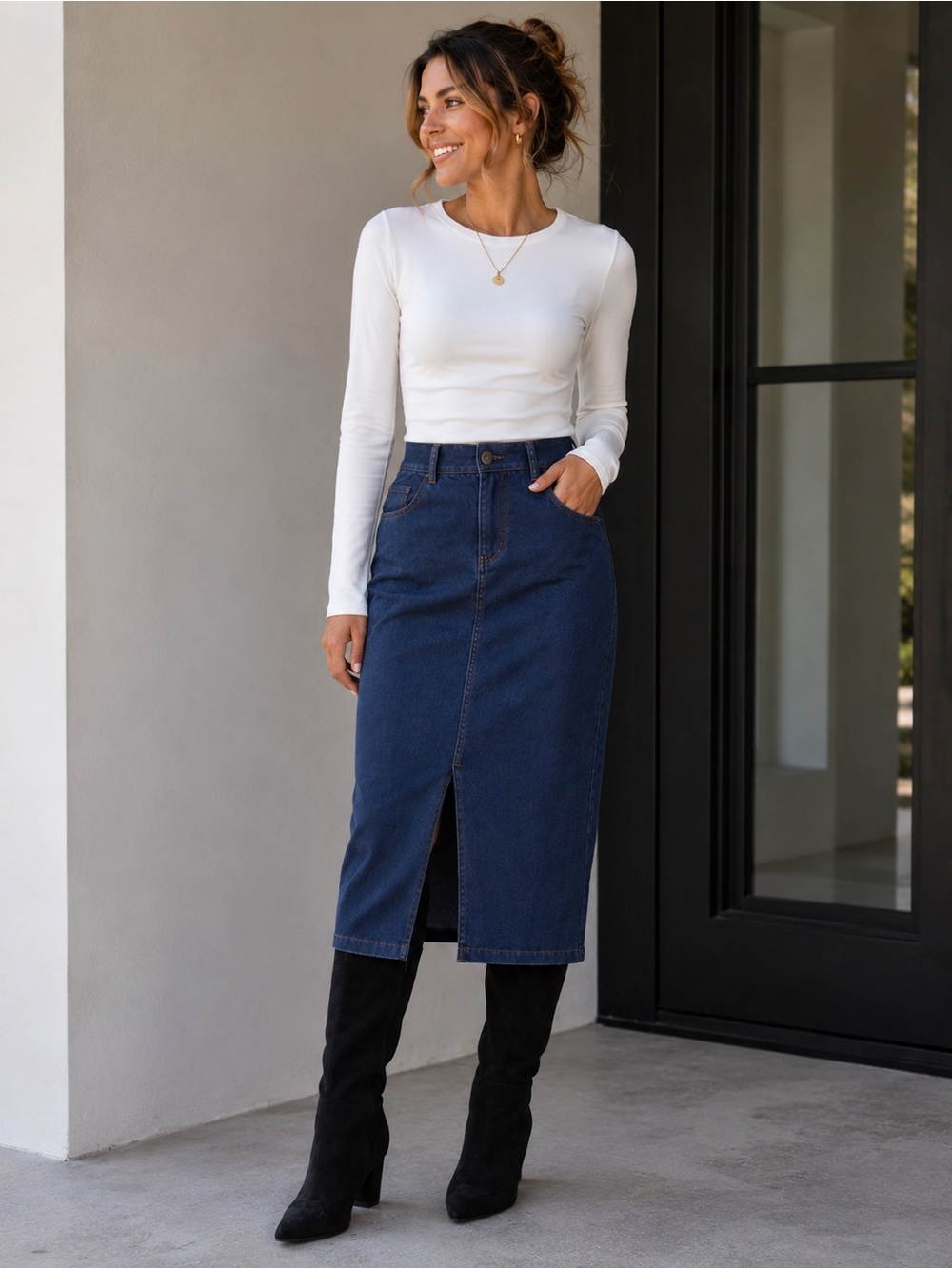 Halara Flex Denim High Waisted Bodycon Midi Skirt Size L NWT